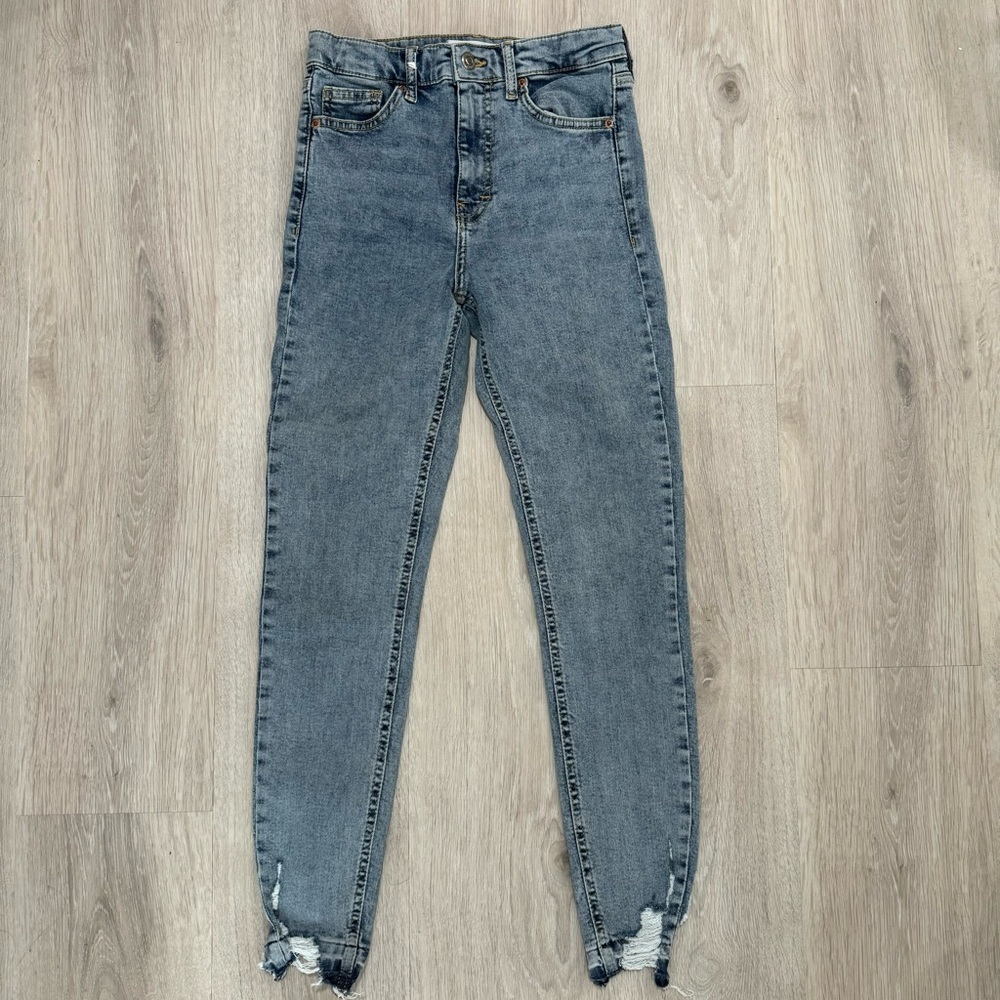topshop jamie medium blue high rise waisted denim distressed striaght leg jeans